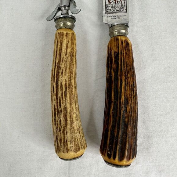 Solingen Germany Stainless Stag Antler Handle Etched Carving Knife Serving Fork - Picture 2 of 12
